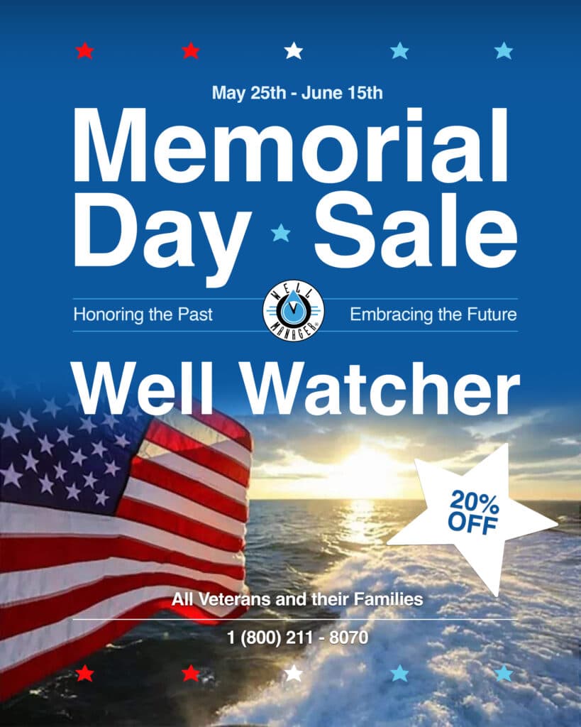 Memorial Day Sale banner with patriotic colors promoting well water solutions for improved yield and pressure.