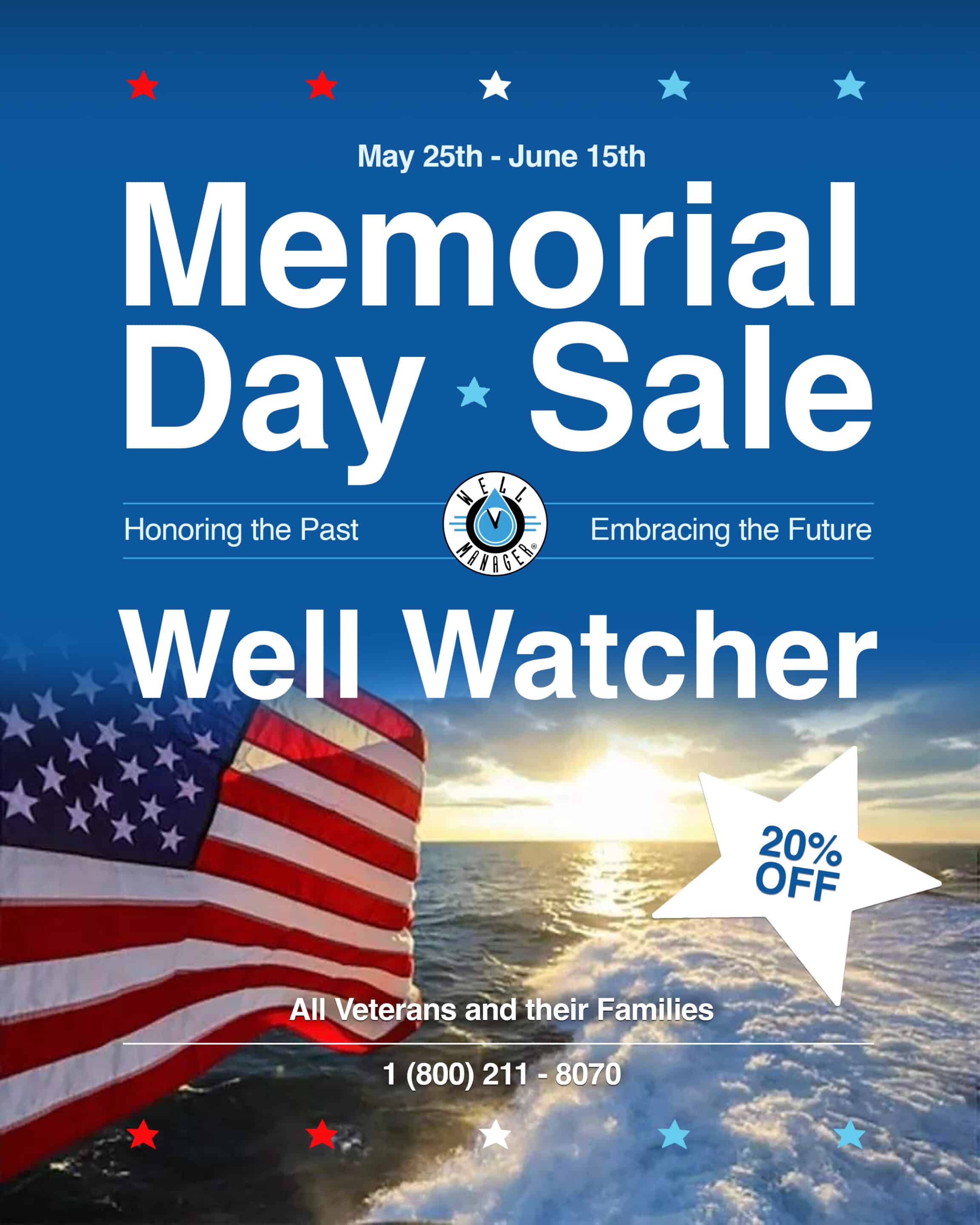 Memorial Day Sale banner with patriotic colors promoting well water solutions for improved yield and pressure.